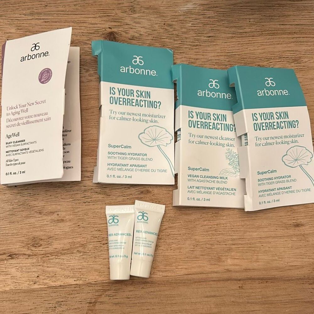 NEW arbonne 6 pcs sample set. RE9 advanced SPF 15 lifting and contour cream, sup